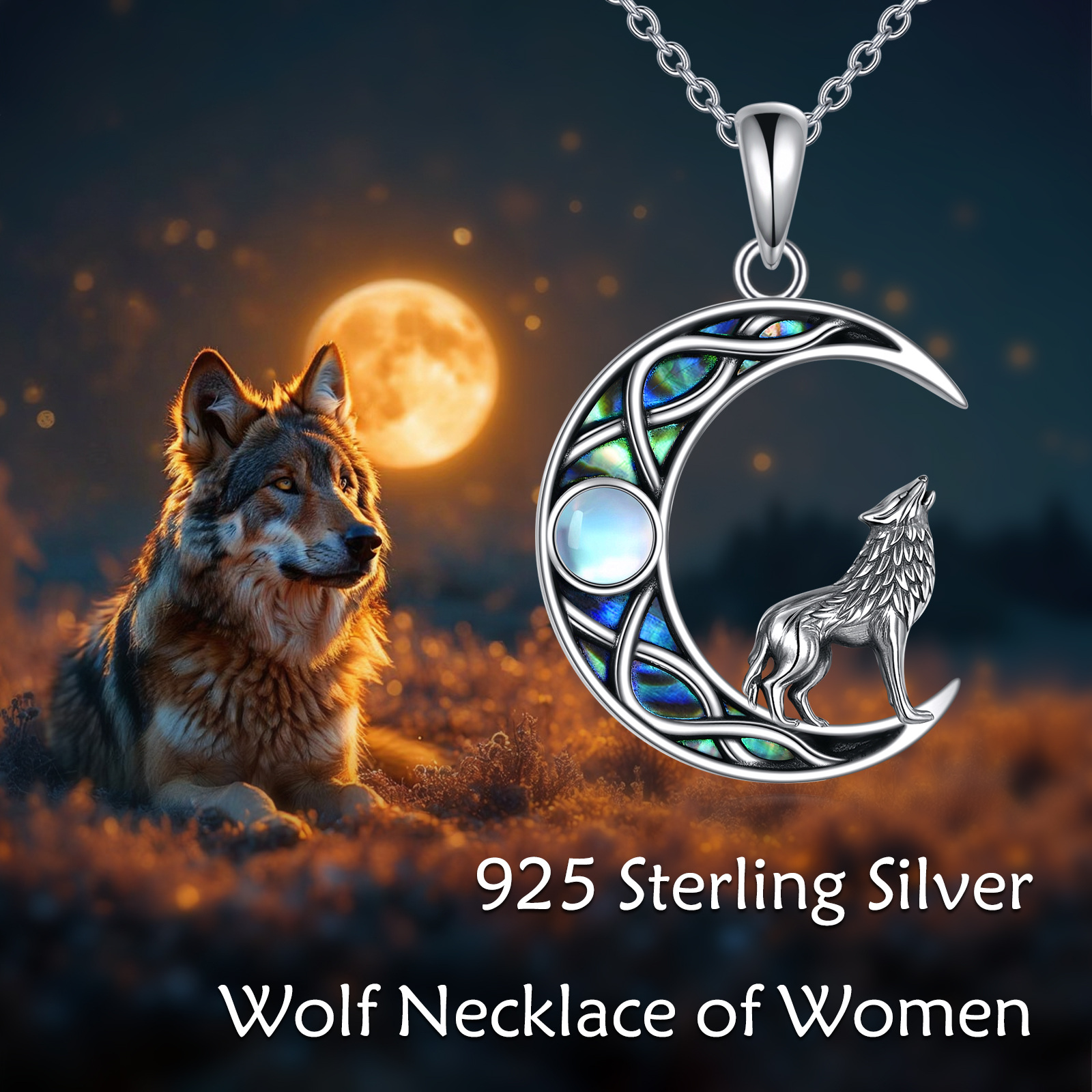 Wolf Necklace Set in 925 Sterling Silver with Synthetic Abalone & Moonstone